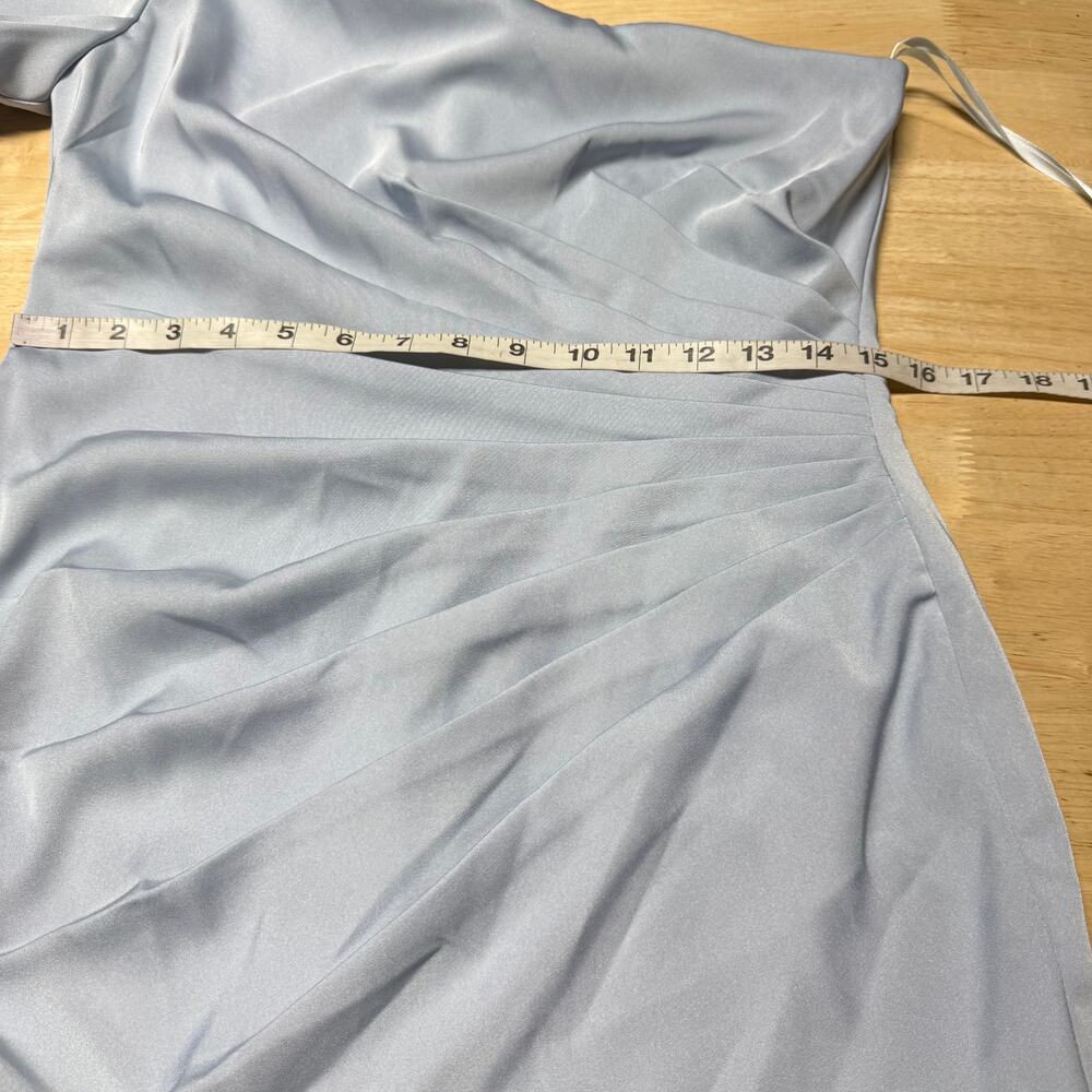 Mac Duggal NWT Feather Trim One Shoulder Draped Mini Dress Powder Blue Size 8 - Picture 8 of 10